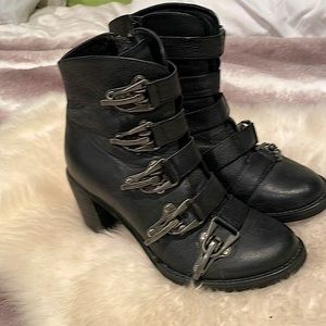 Jeffrey Campbell “Climber” blk leather ski buckle boots, distressed stacked heel